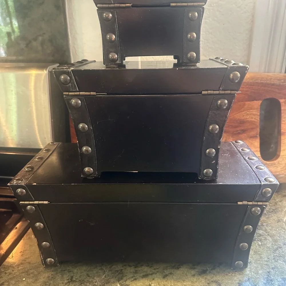 Set of 3 hinged nailhead Decorative Boxes with Brass Accents